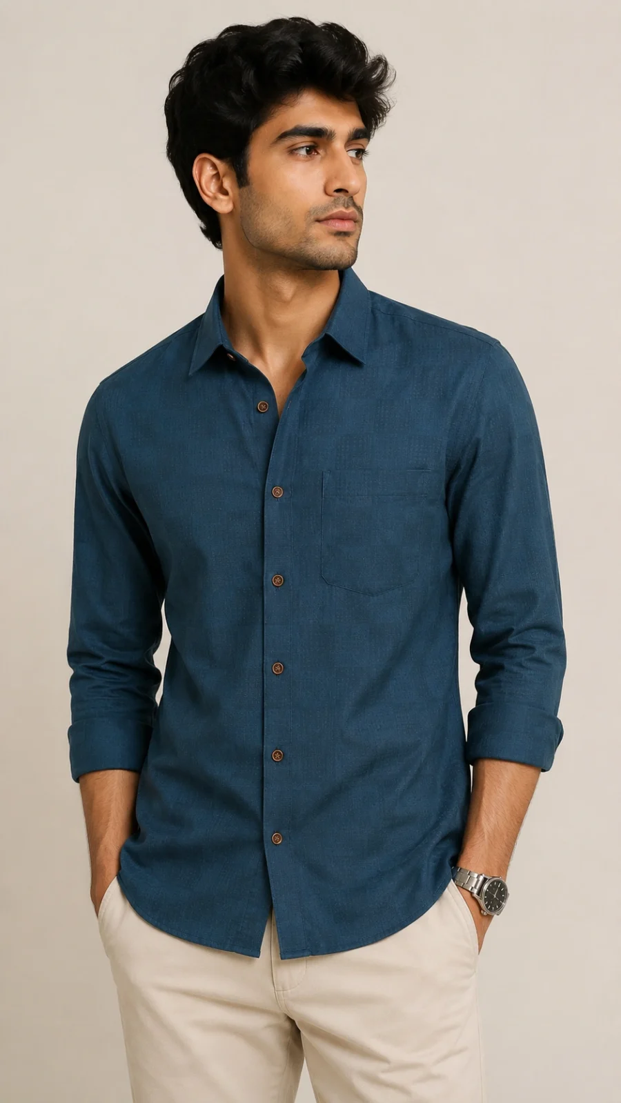 Teal Textured Full Sleeve Casual Shirt with Chest Pocket