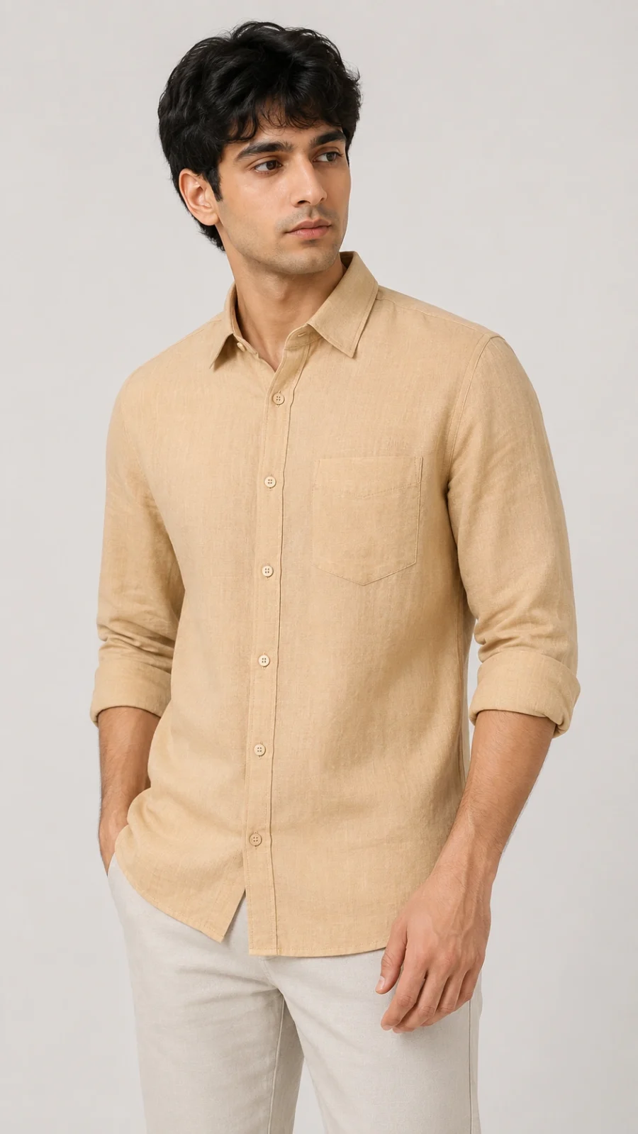Men's Solid Beige Premium Cotton Casual Shirt