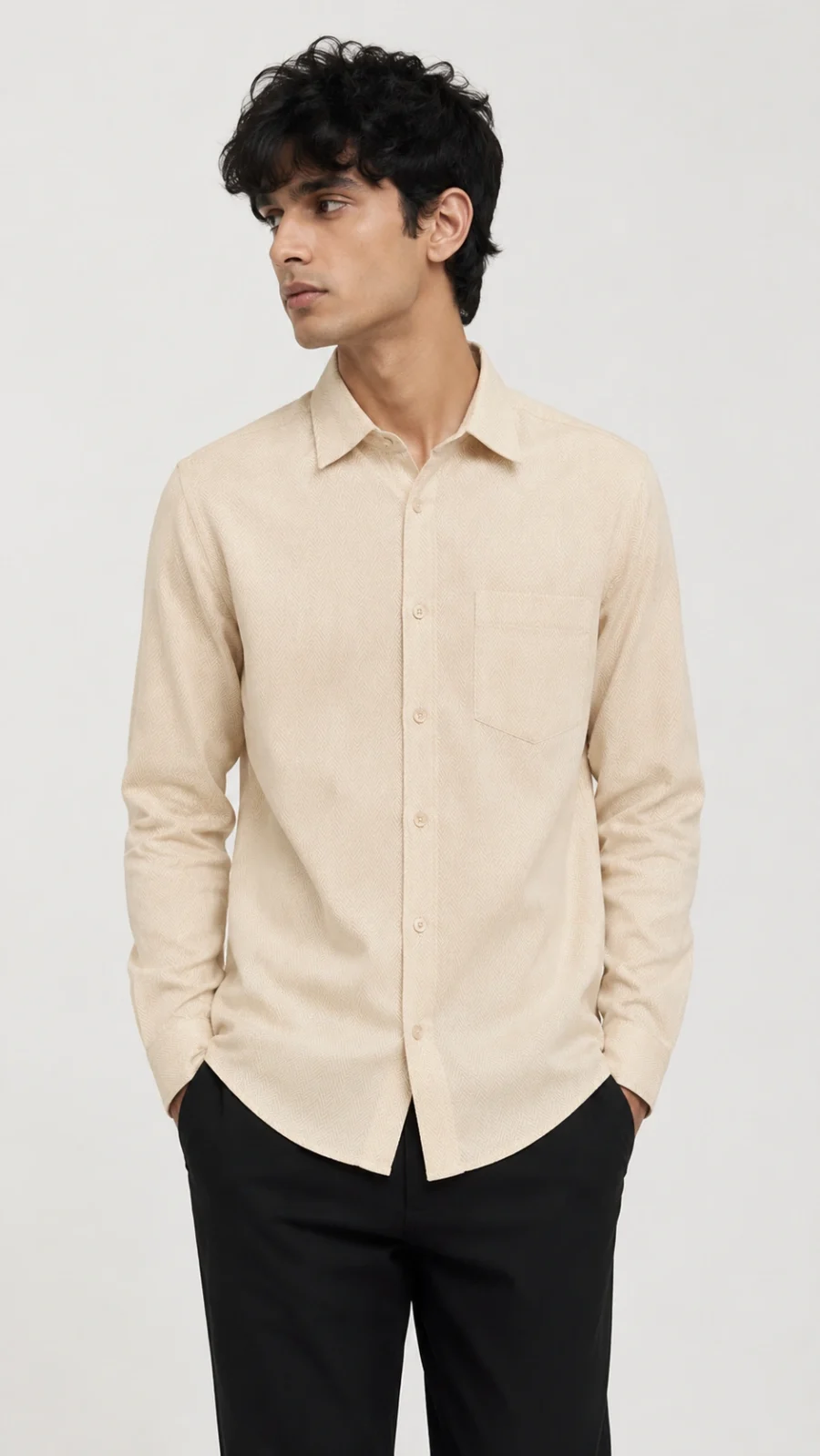 Men's Beige Textured Full Sleeve Casual Shirt