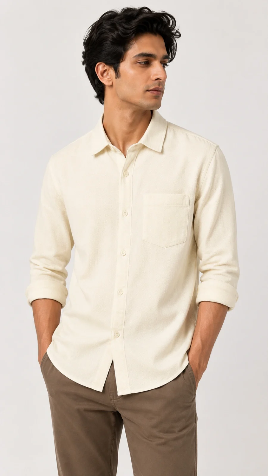 Men's Cream Textured Full Sleeve Casual Shirt with Chest Pocket