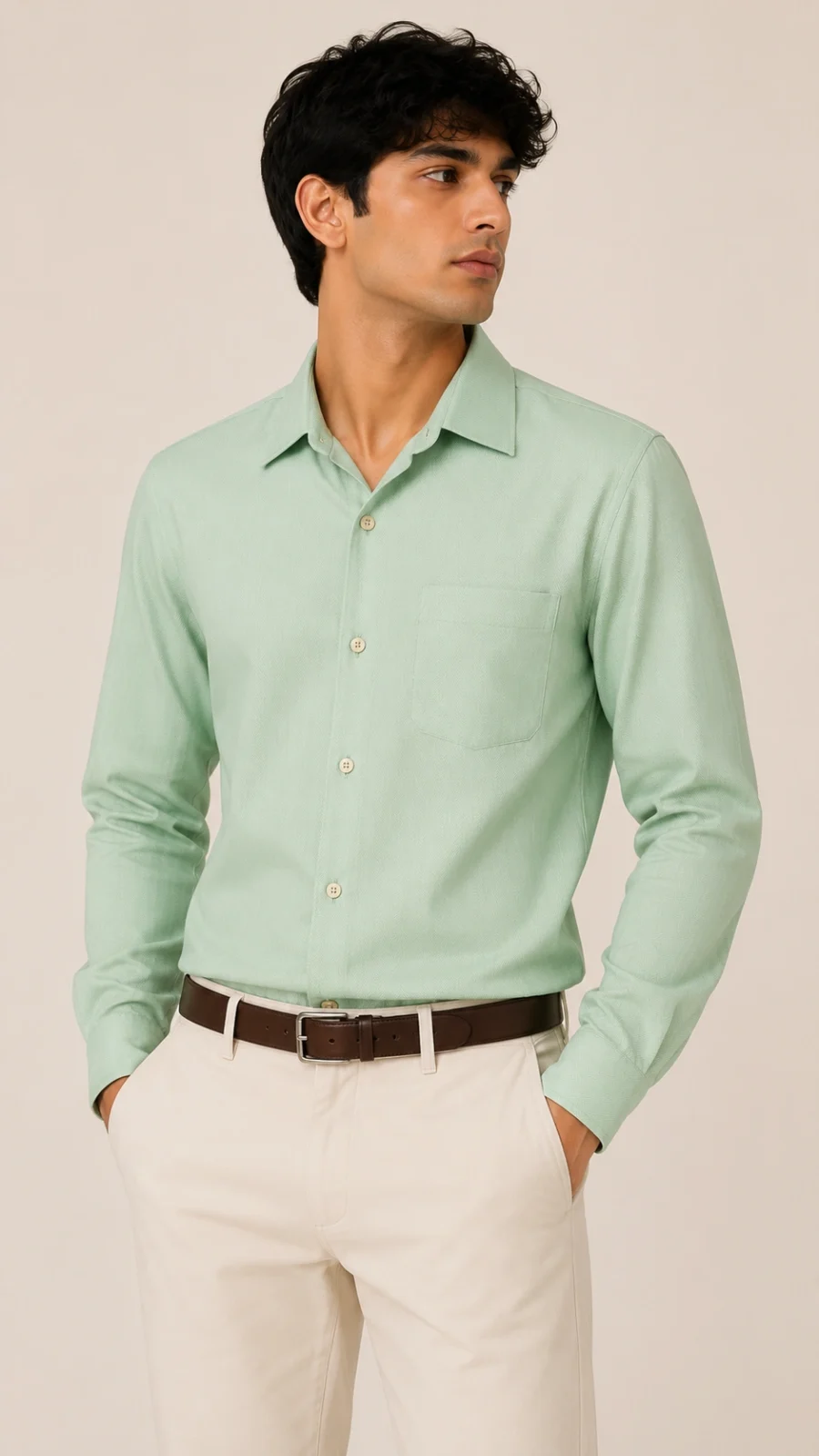 Mint Green Herringbone Textured Full Sleeve Casual Shirt