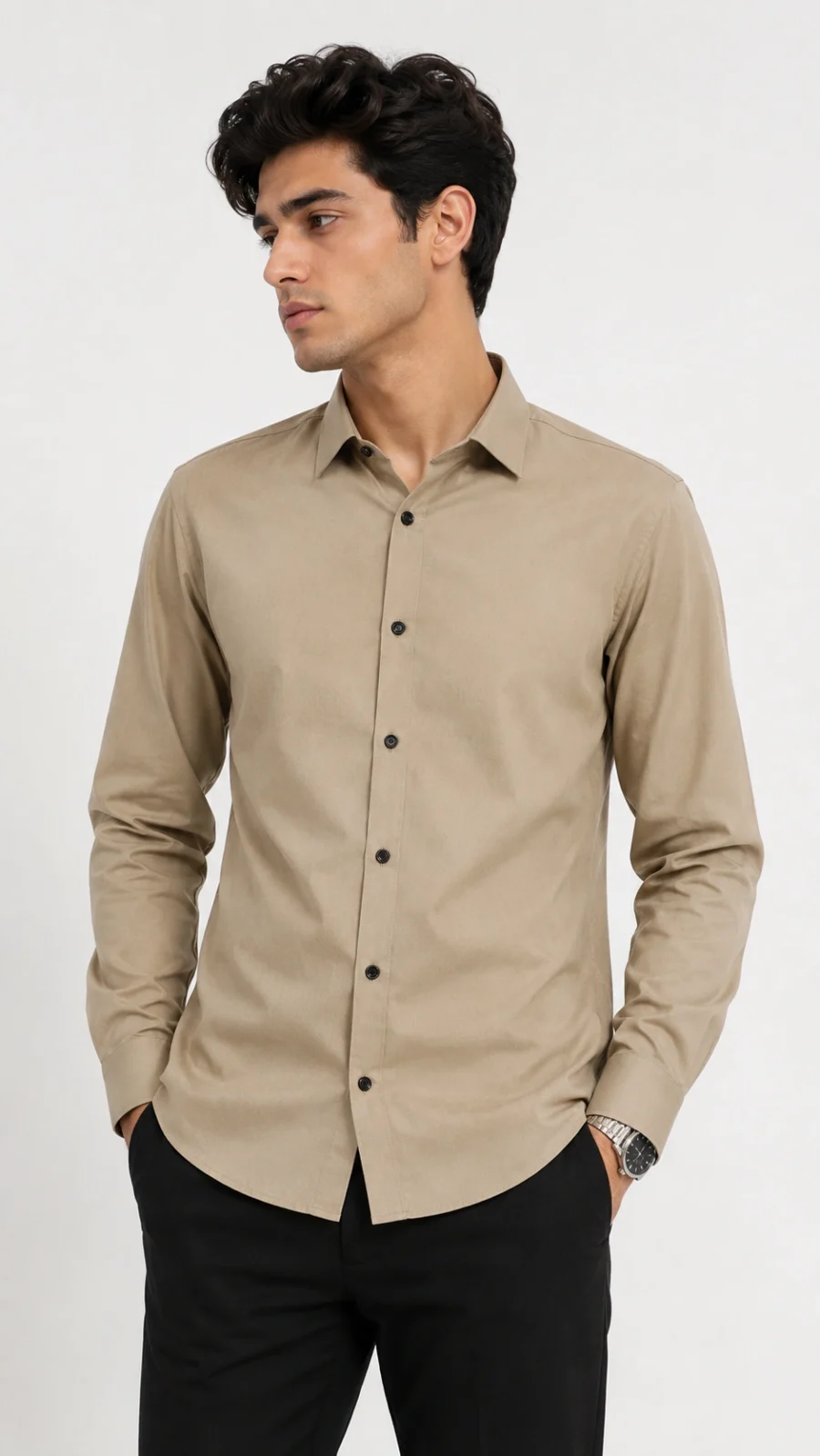 Men's Solid Beige Full Sleeve Casual Shirt