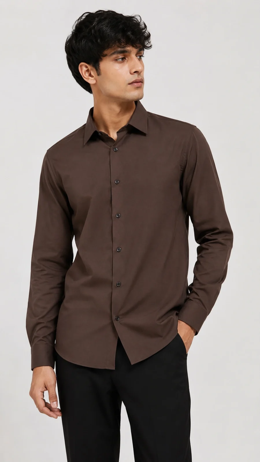 Men's Solid Coffee Brown Lycra Stretch Formal Shirt
