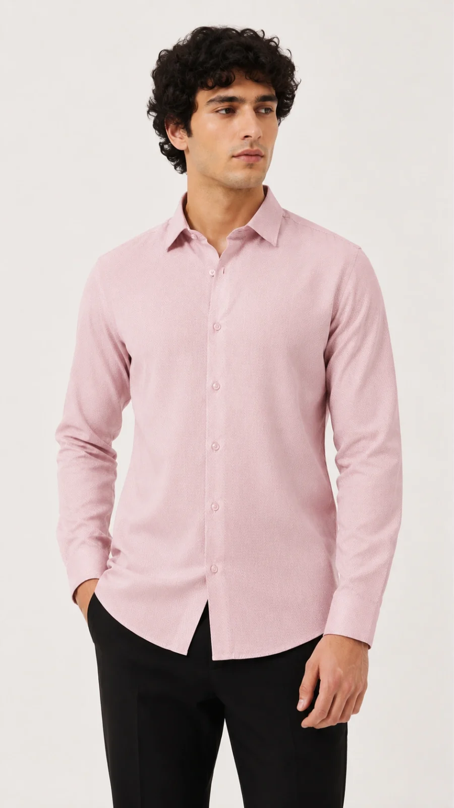 Men's Light Pink Herringbone Textured Full Sleeve Formal Shirt