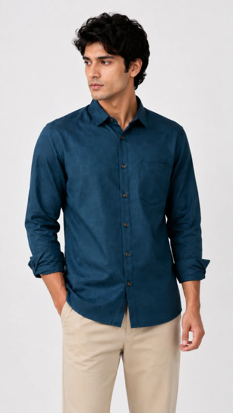 Men's Deep Teal Textured Full Sleeve Casual Shirt