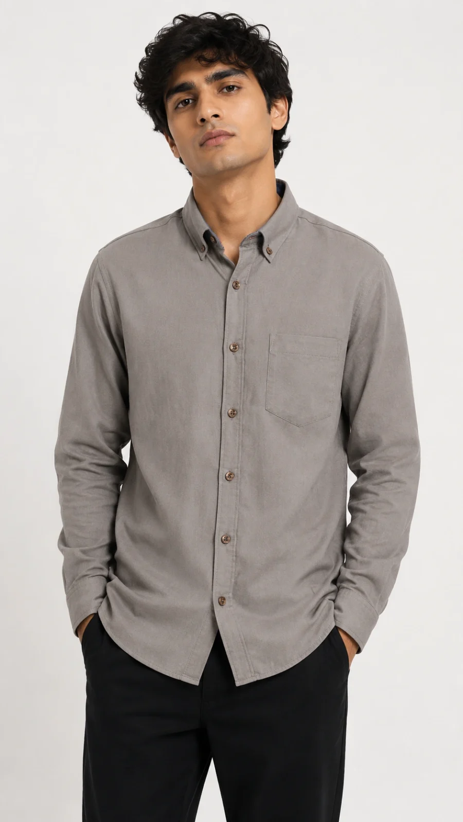 Men's Solid Grey Full Sleeve Button-Down Casual Shirt