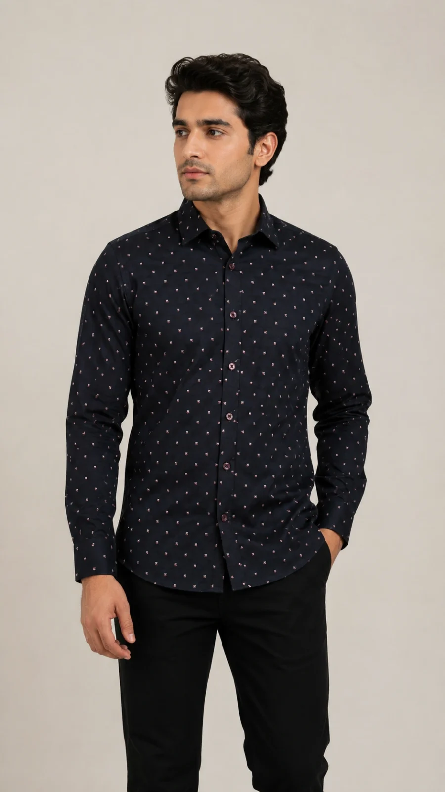 Navy Blue Micro Floral Print Full Sleeve Casual Shirt