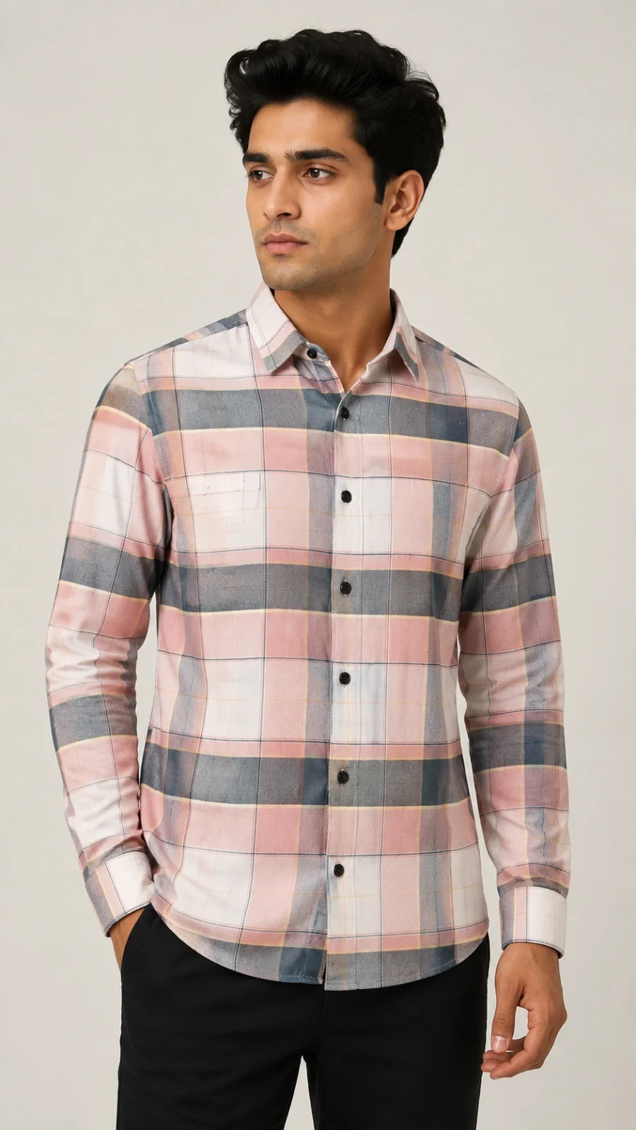 Men's Blush Pink & Slate Grey Checked Full Sleeve Casual Shirt