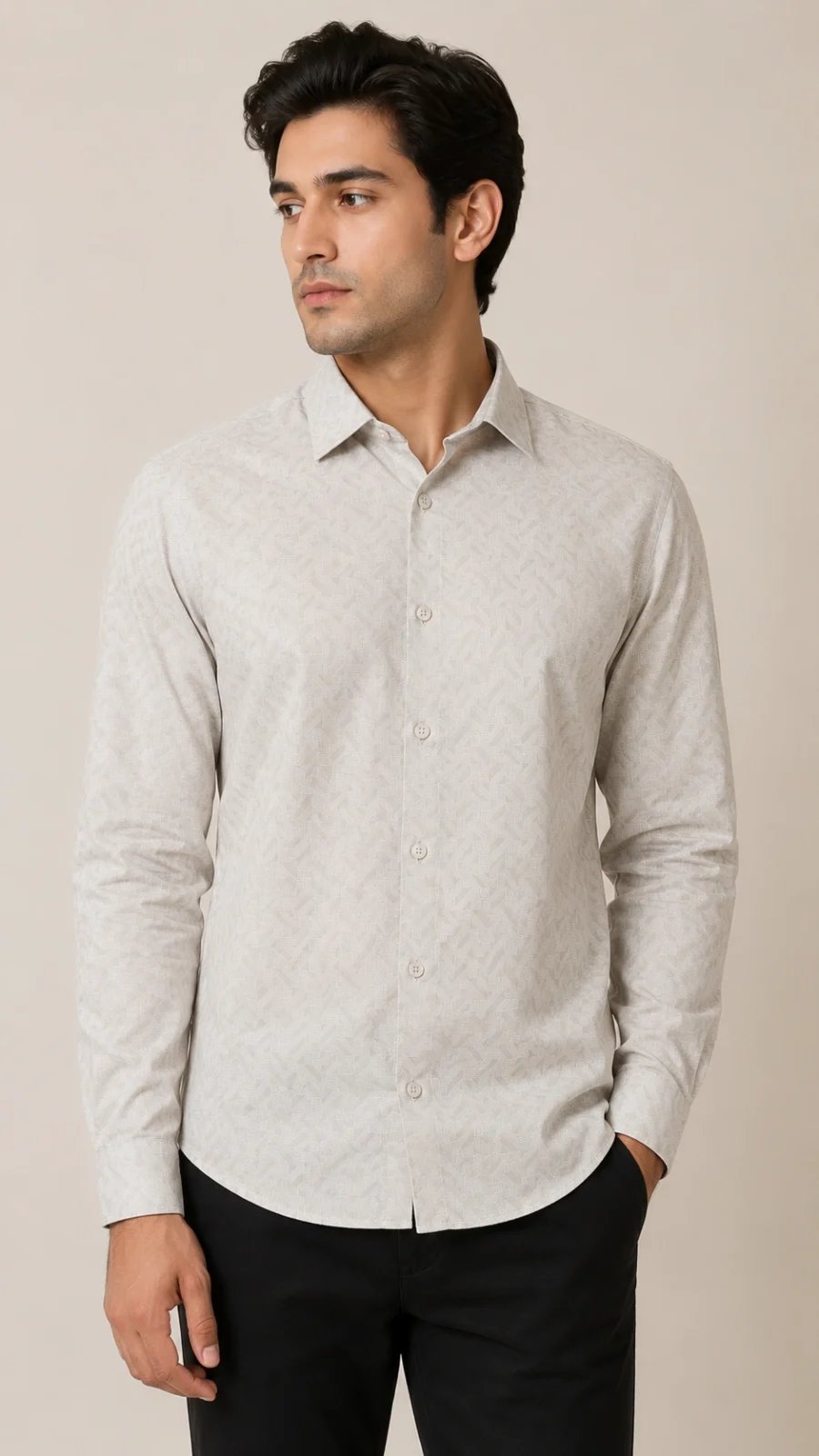 Men’s Off-White Geometric Pattern Full Sleeve Formal Shirt