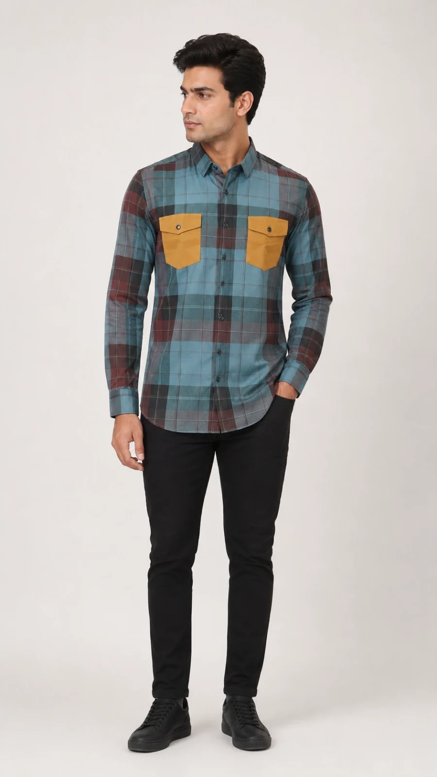 Sky Blue Checked Shirt with Contrast Flap Pockets