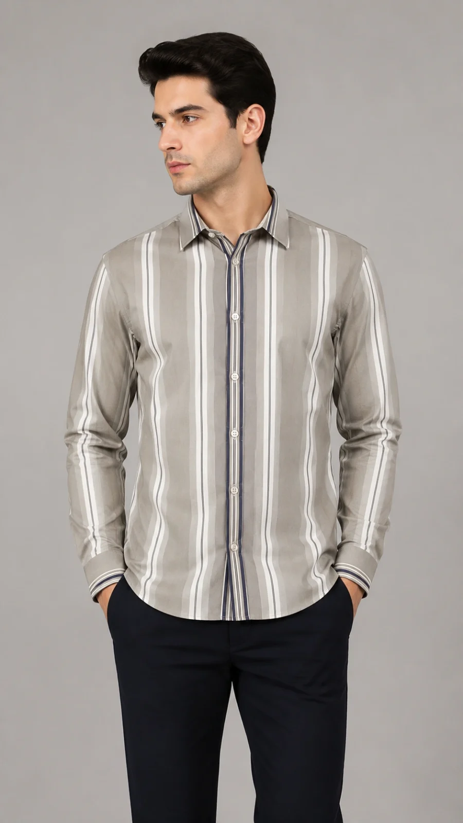 Men's Beige Vertical Stripe Full Sleeve Formal Shirt