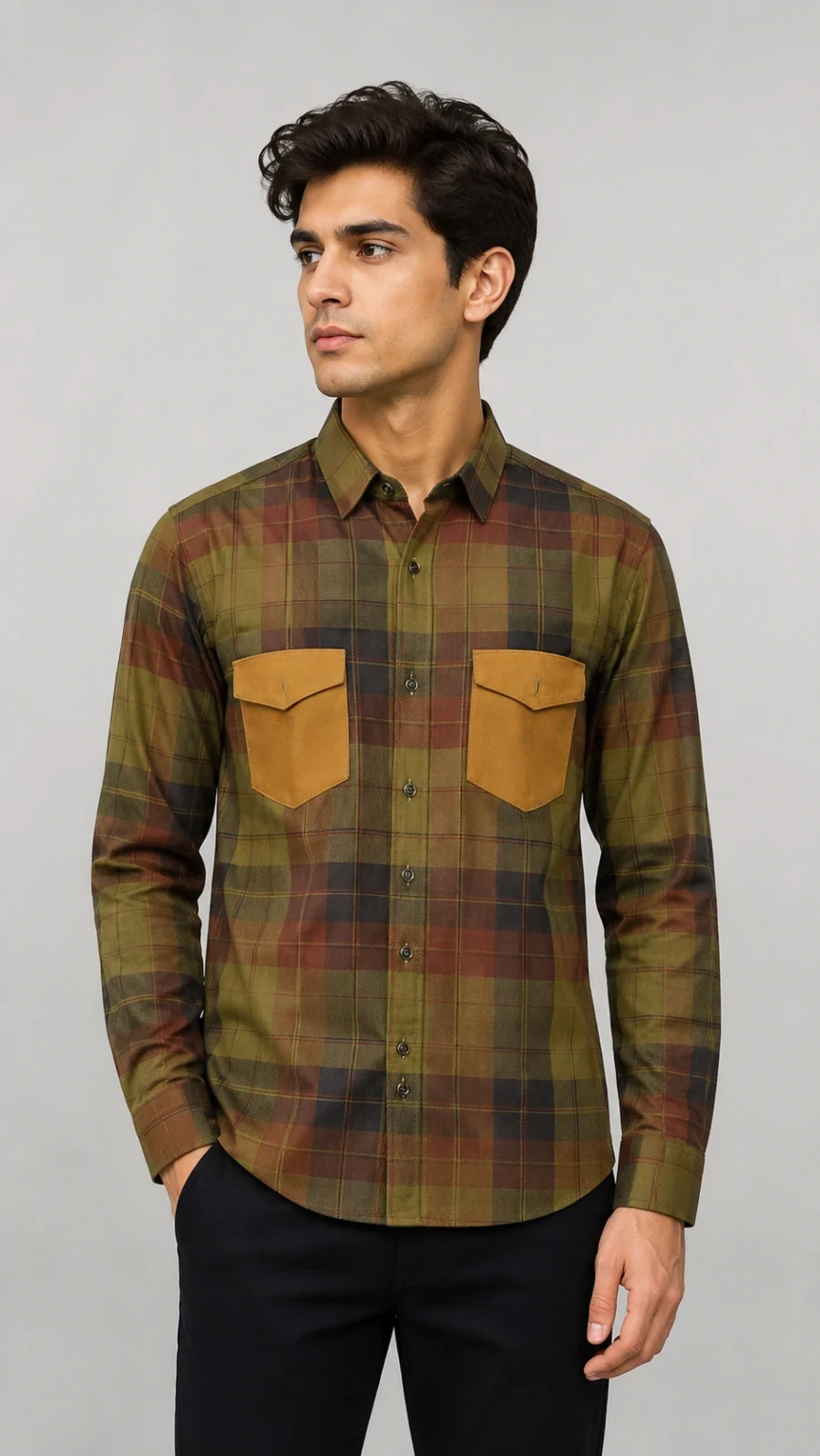 Olive Brown Plaid Shirt with Contrast Flap Pockets