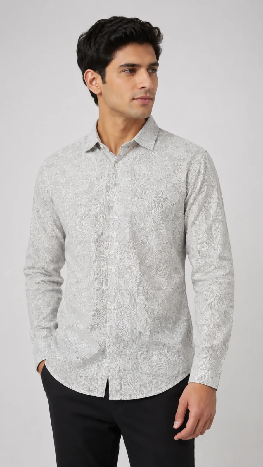 Men’s White Geometric Line Print Full Sleeve Shirt