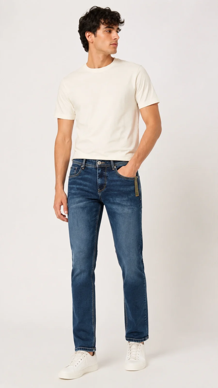 Men's Mid Blue Washed Straight Fit Stretch Jeans