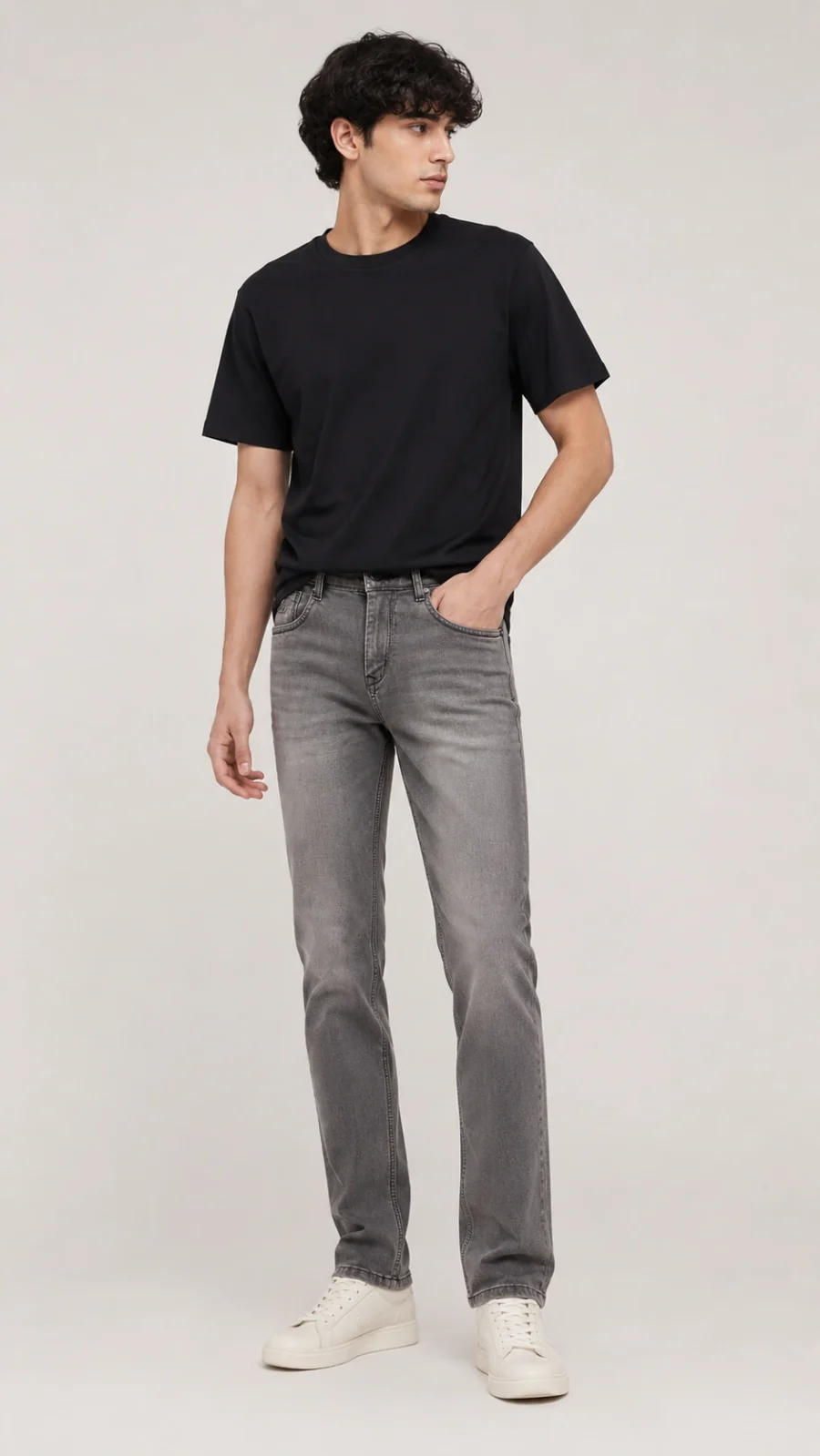 Men's Grey Washed Straight Fit Stretch Jeans