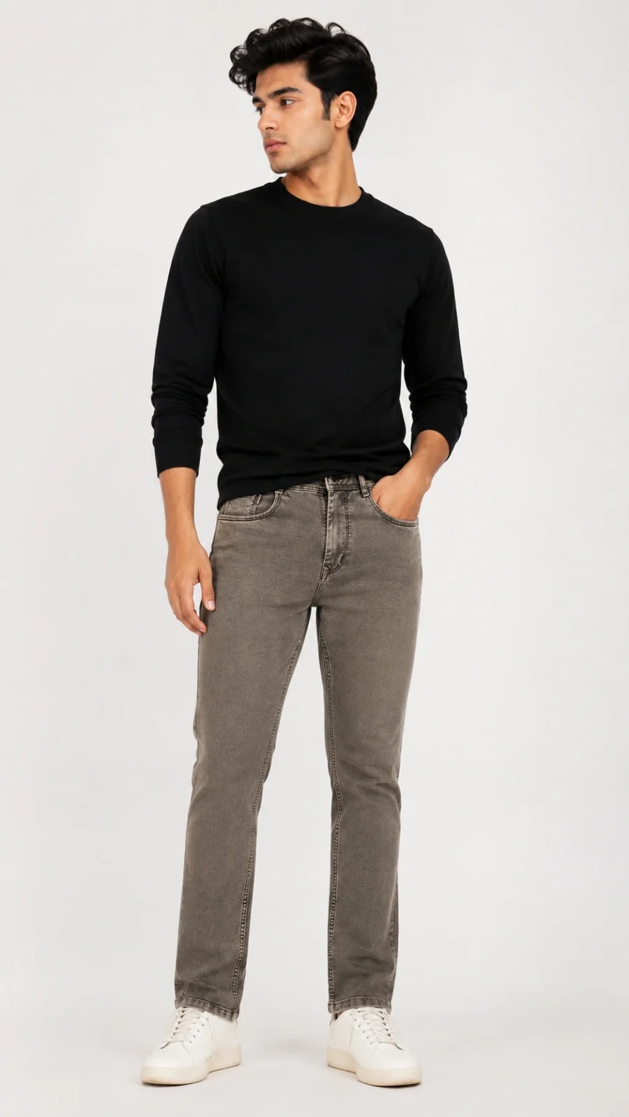 Men's Grey Washed Straight Fit Stretch Denim Jeans
