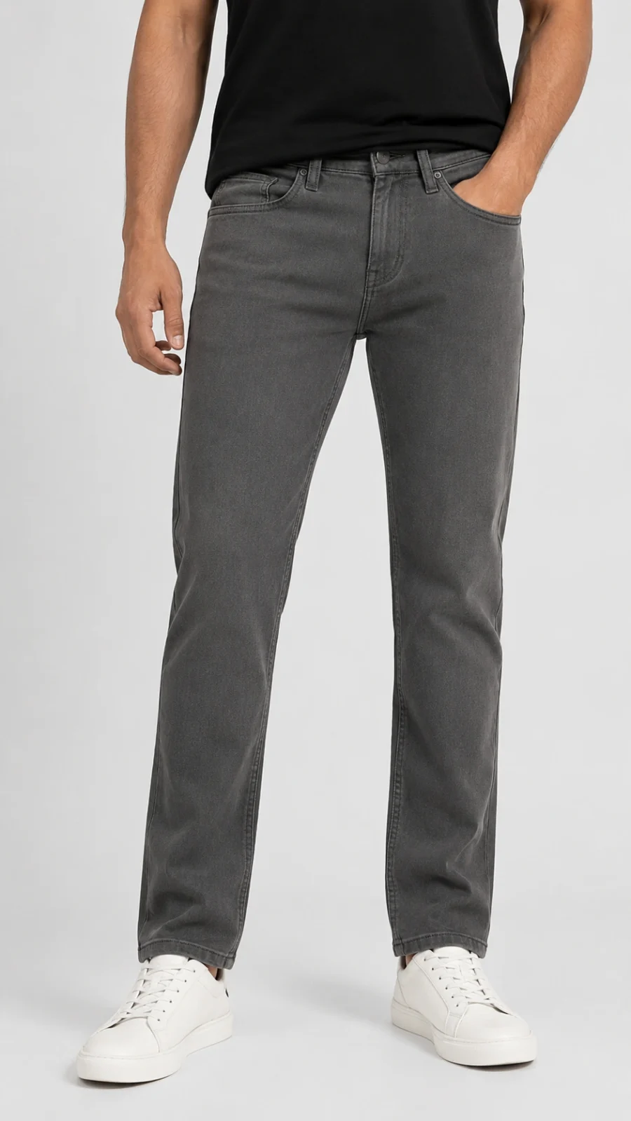 Men's Solid Grey Regular Fit Stretch Jeans