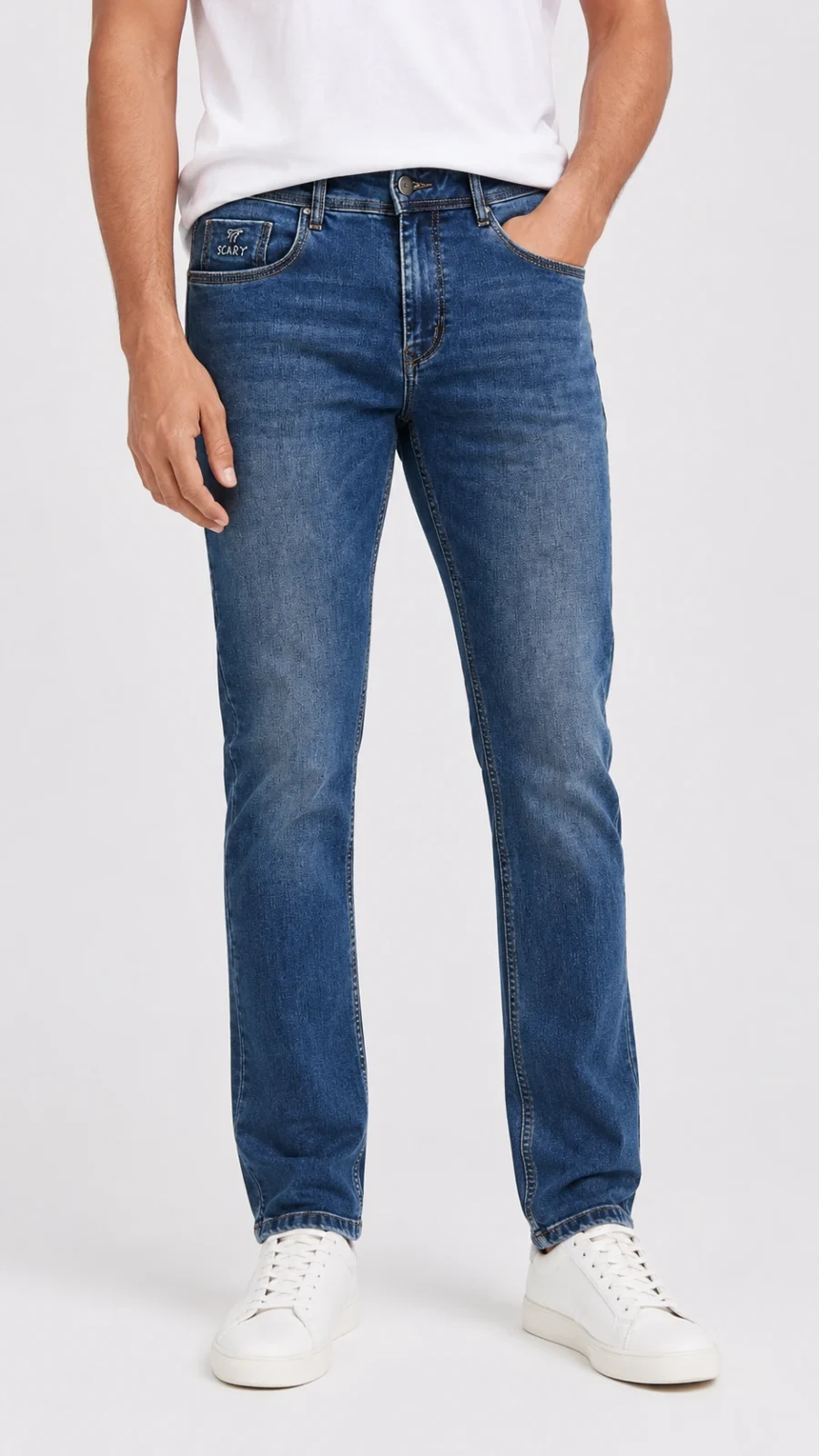 Men's Mid Blue Slim Fit Washed Stretch Denim Jeans