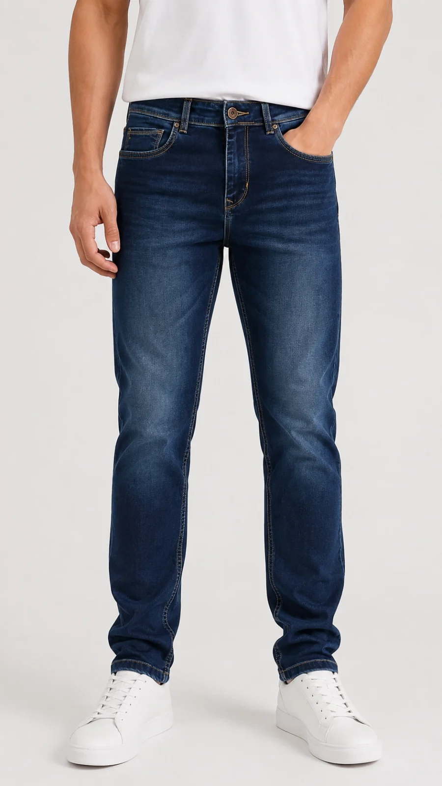 Men's Dark Blue Washed Straight Fit Stretch Jeans