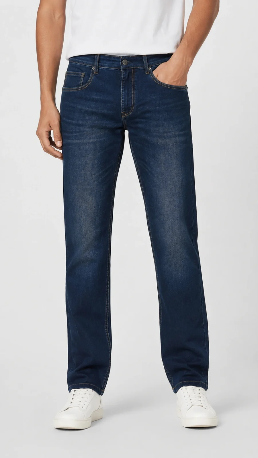 Men's Dark Blue Straight Fit Washed Stretch Denim Jeans