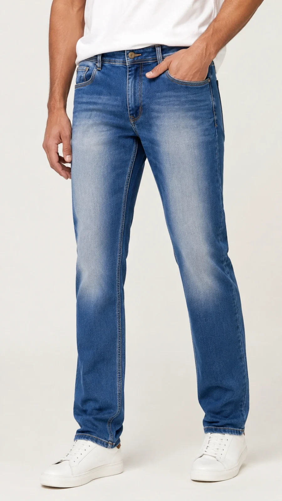 Men's Light Blue Washed Straight Fit Stretch Jeans