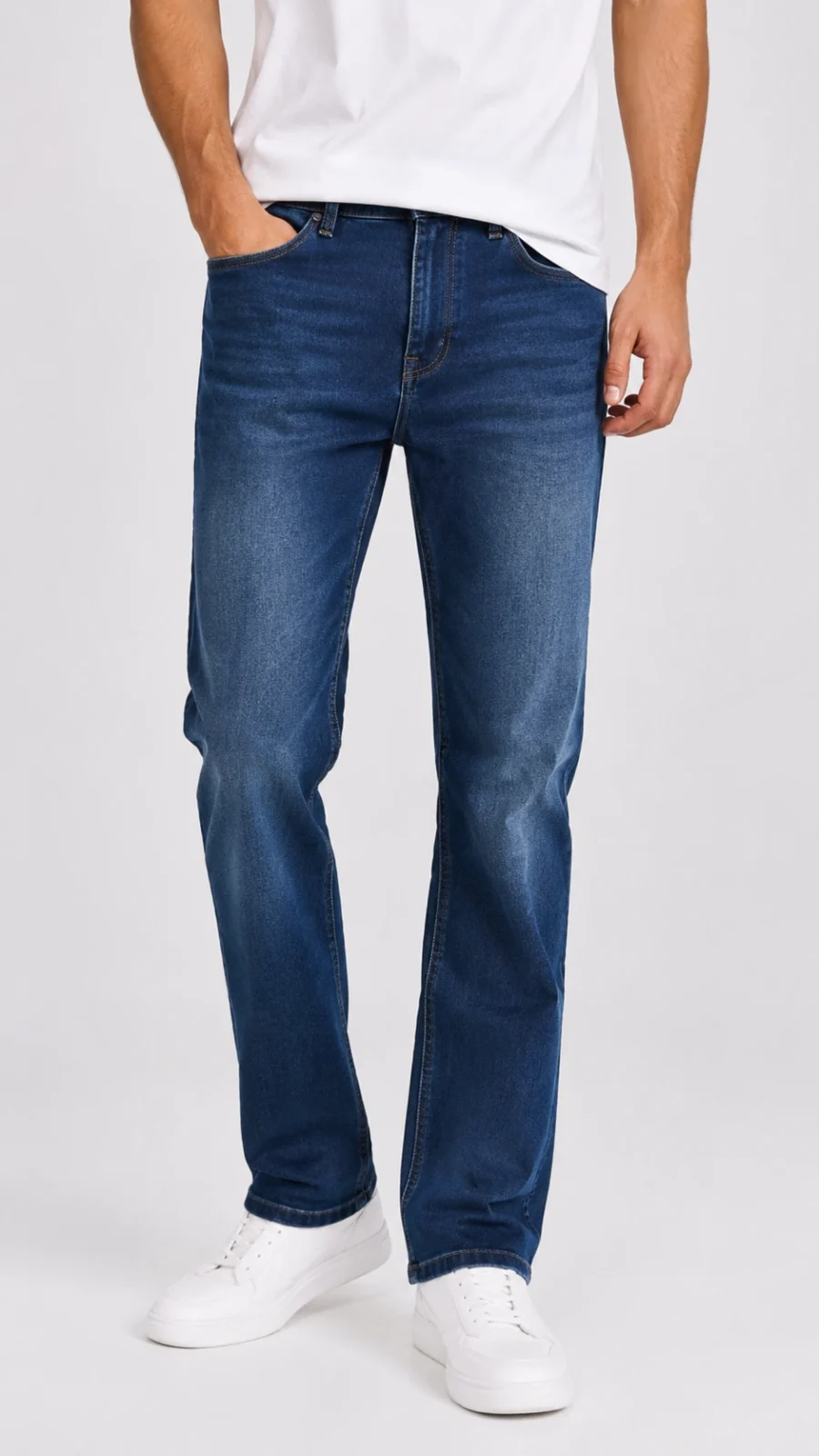 Men's Mid Blue Washed Straight Fit Stretch Jeans