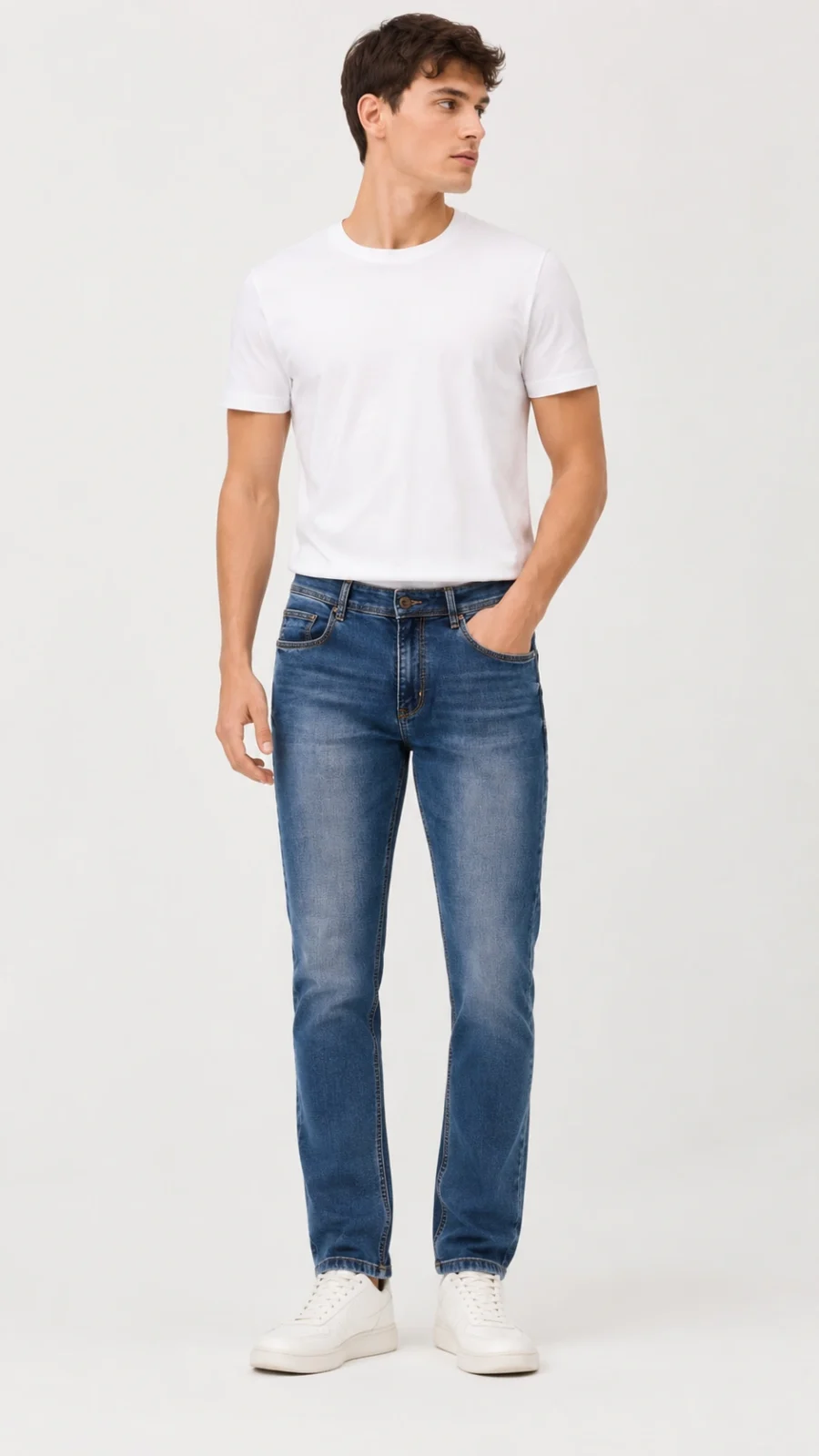 Men's Mid Blue Washed Straight Fit Stretch Jeans