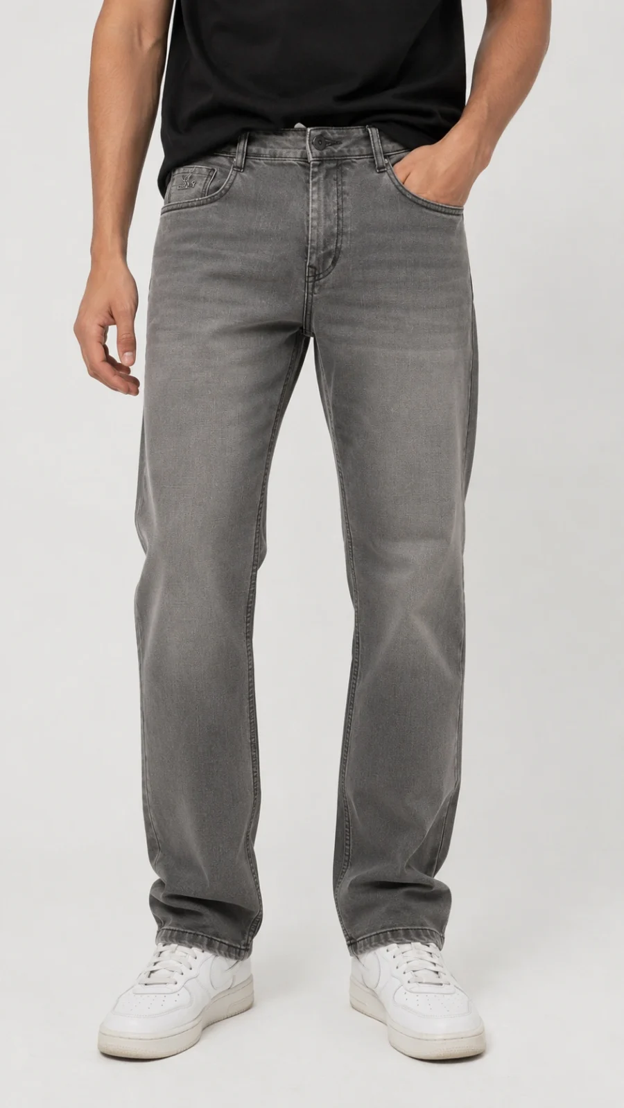 Men's Grey Washed Straight Fit Stretch Jeans