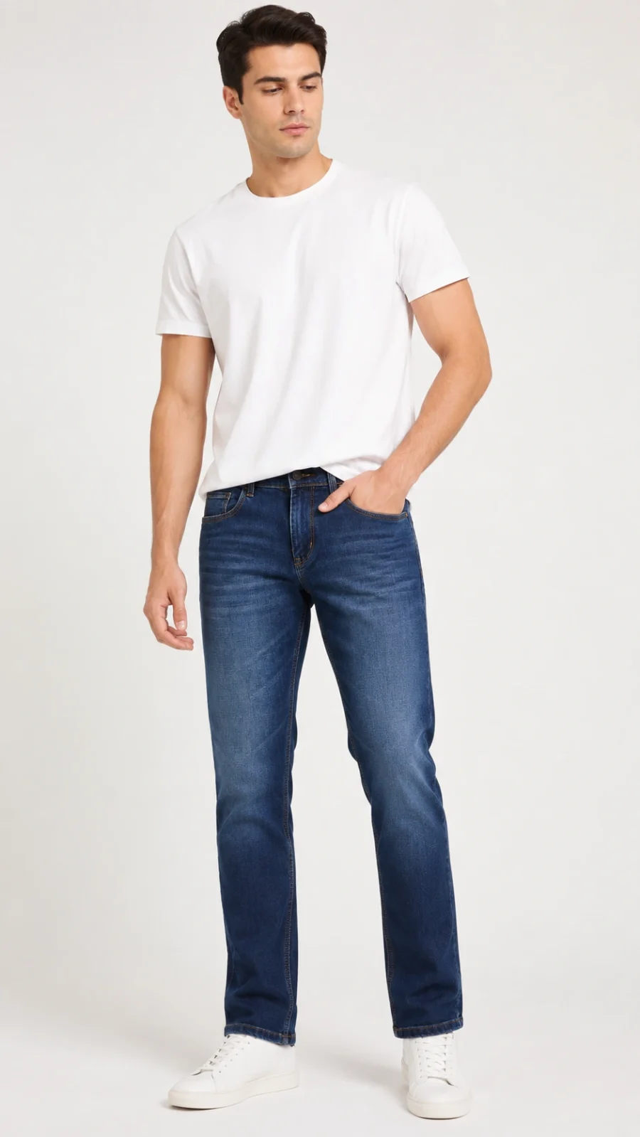 Men's Dark Blue Washed Regular Fit Stretch Jeans