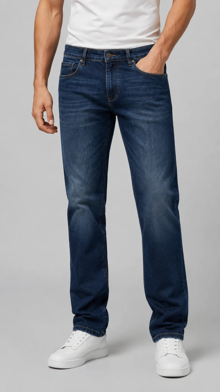 Men's Dark Blue Washed Straight Fit Stretch Jeans