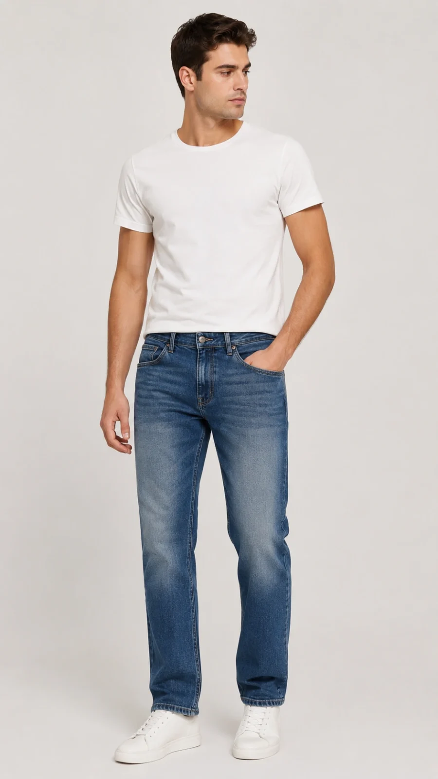 Men's Mid Blue Washed Straight Fit Stretch Jeans