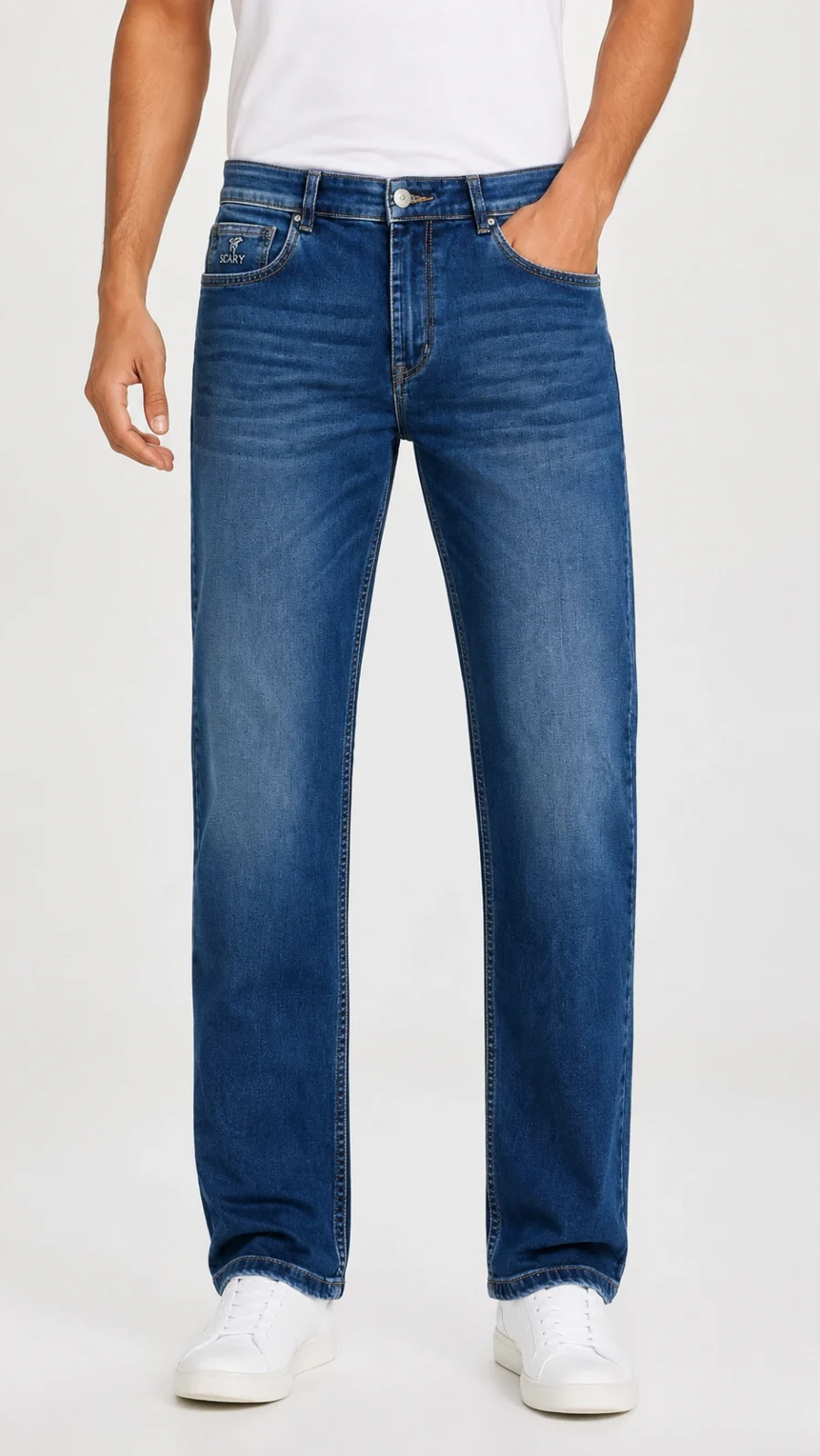 Men's Mid Blue Clean Wash Straight Fit Stretch Jeans