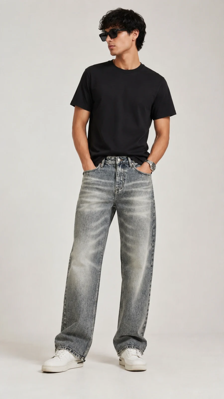 Men's Light Blue Relaxed Fit Utility Patch Pocket Jeans