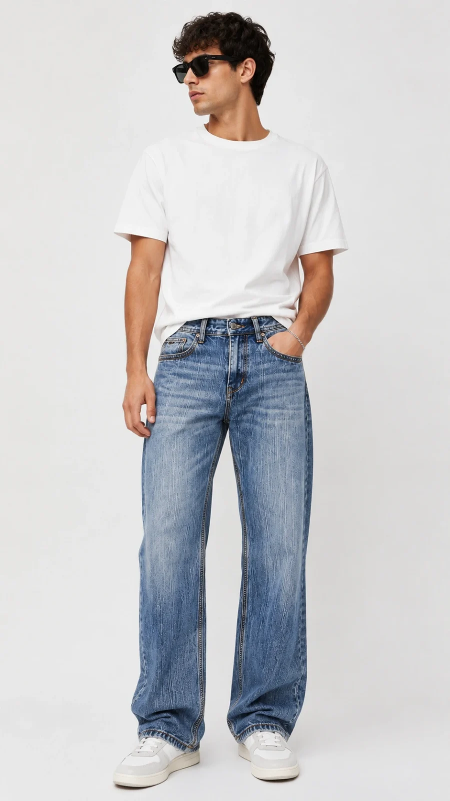Men's Light Blue Washed Wide Leg Denim Jeans