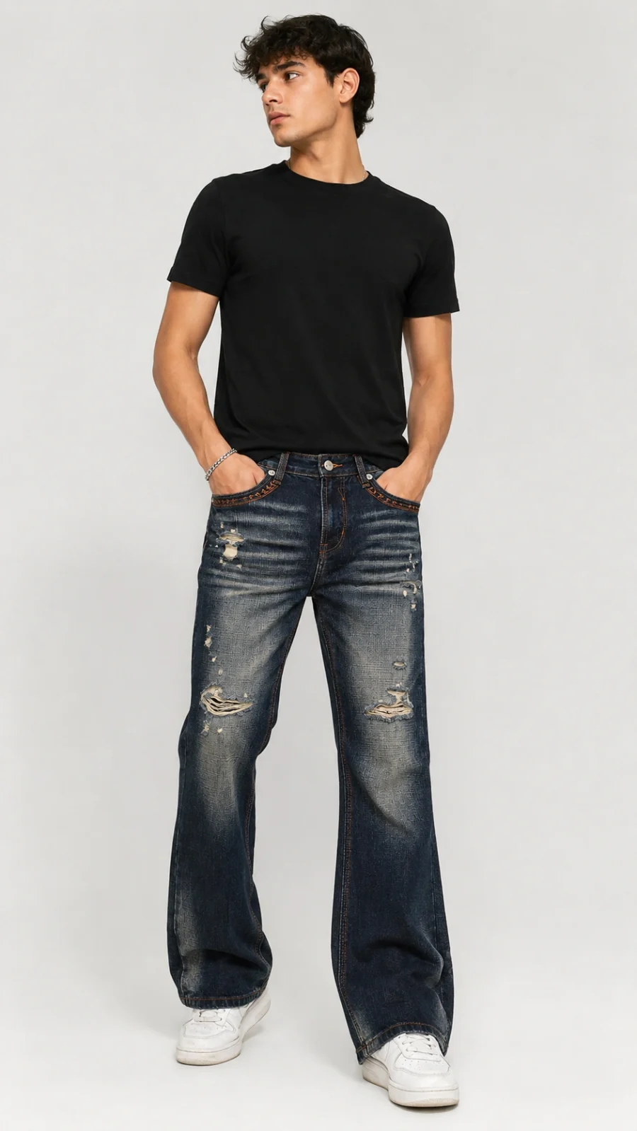 Men's Dark Wash Distressed Bootcut Jeans