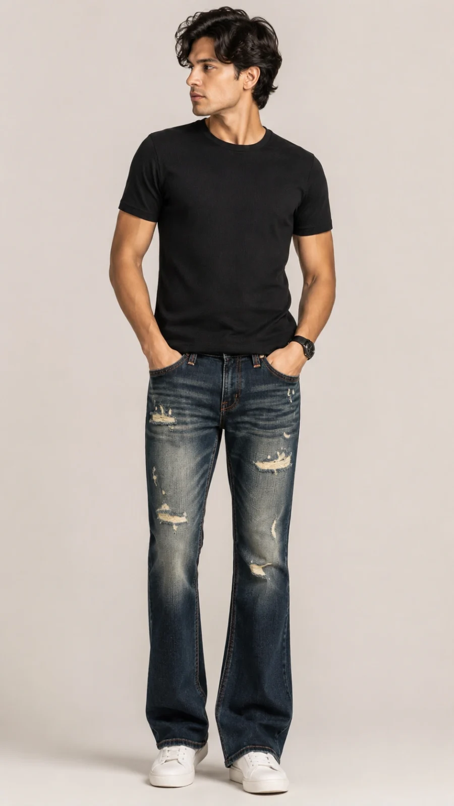 Men's Dark Blue Distressed Bootcut Stretch Jeans