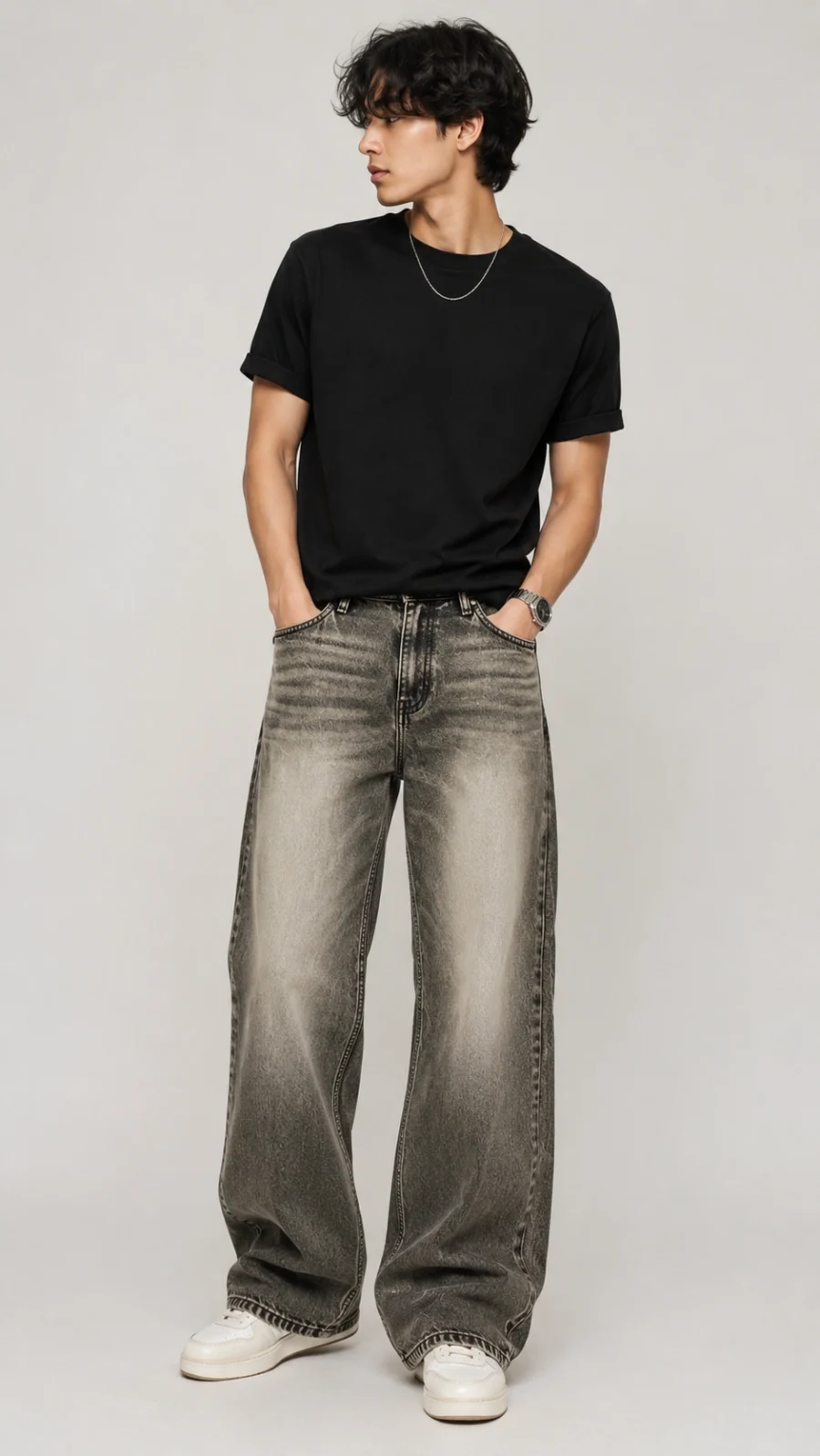 Men's Washed Grey Wide Leg Denim Jeans