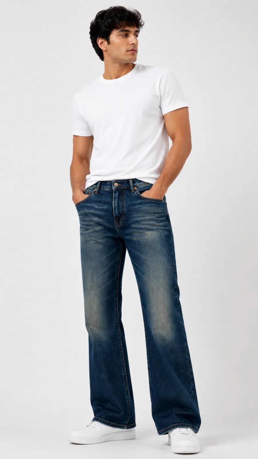 Men's Vintage Washed Dark Blue Bell Bottom Jeans