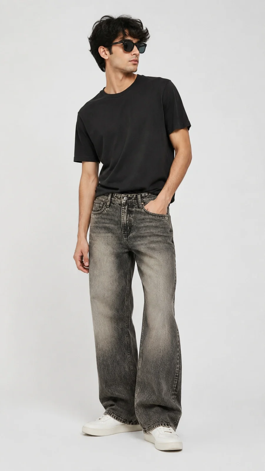Men's Washed Grey Straight Fit Wide Leg Jeans