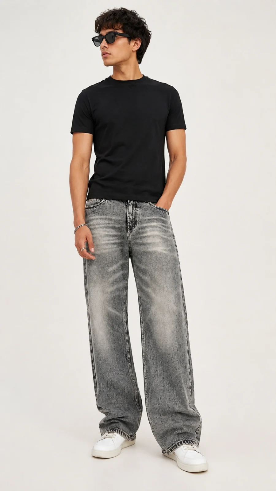 Men's Grey Acid Wash Loose Fit Wide Leg Jeans