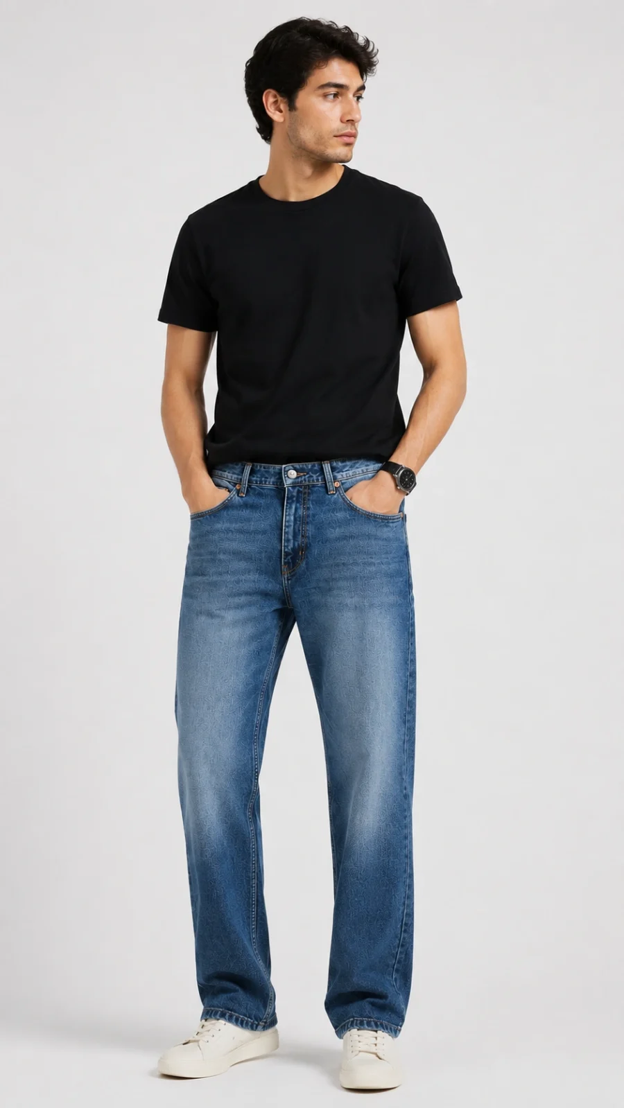 Men's Mid Blue Washed Straight Fit Stretch Jeans