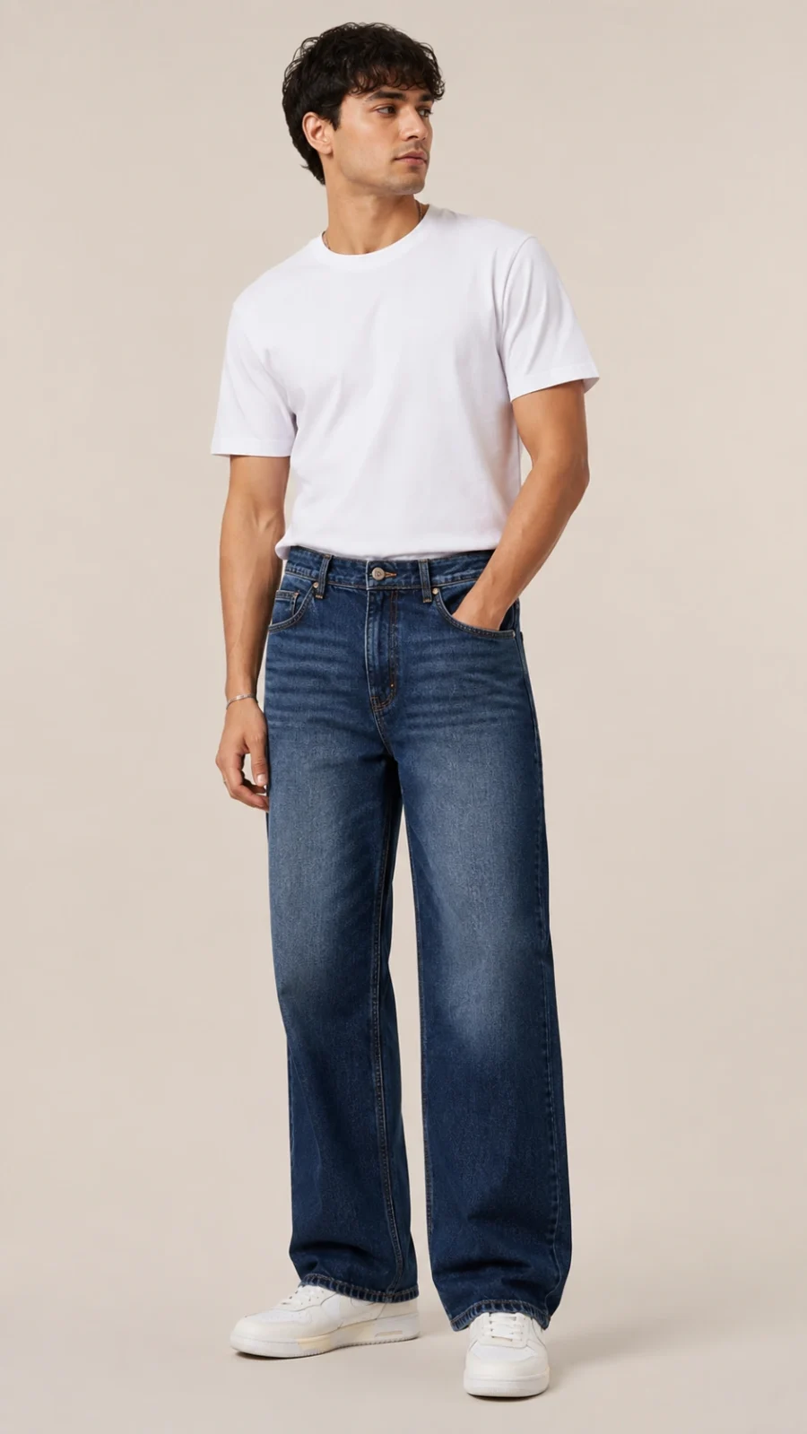 Men's Dark Blue Washed Wide Leg Denim Jeans