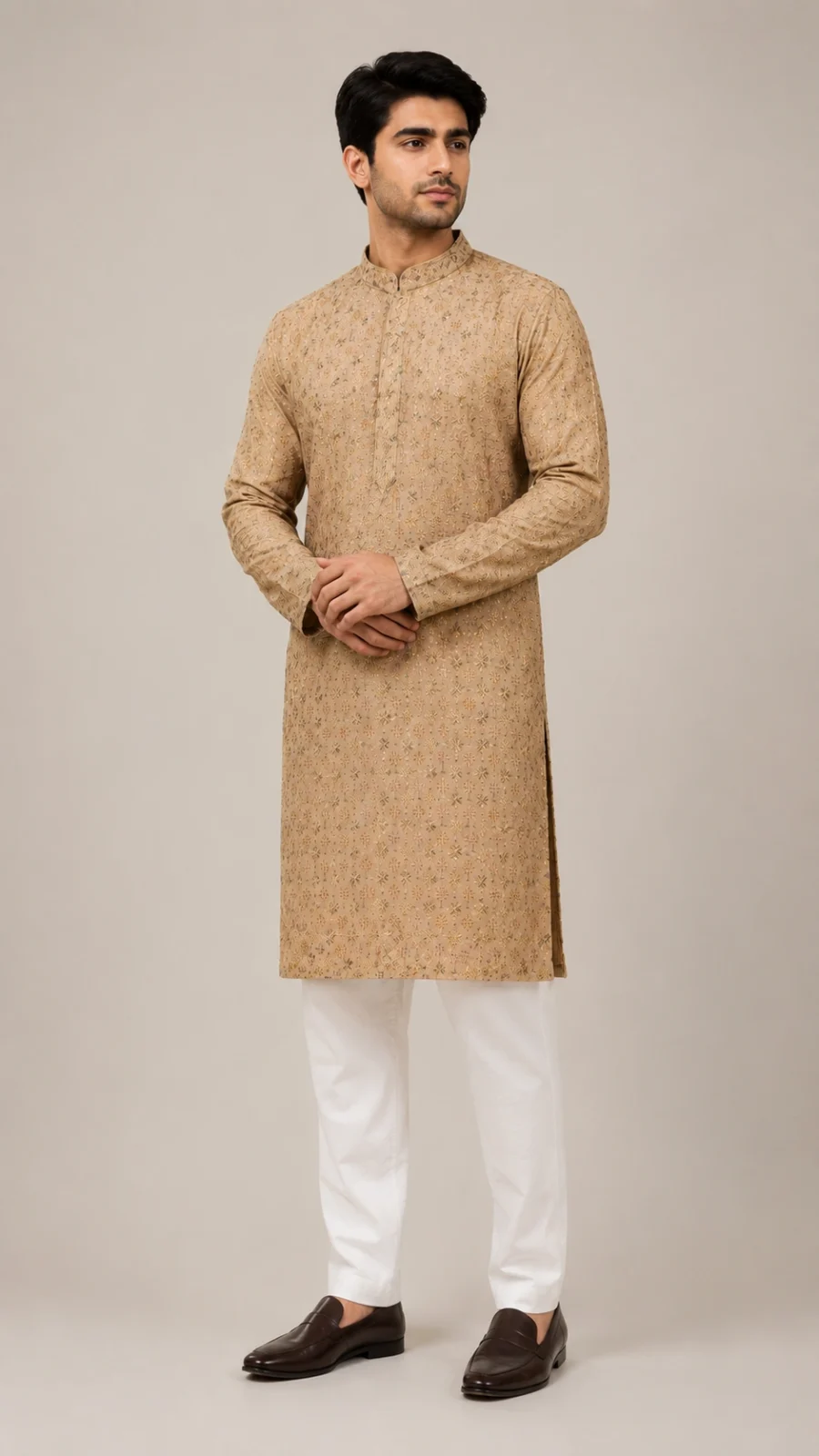 Beige Embroidered Festive Kurta Pajama Set