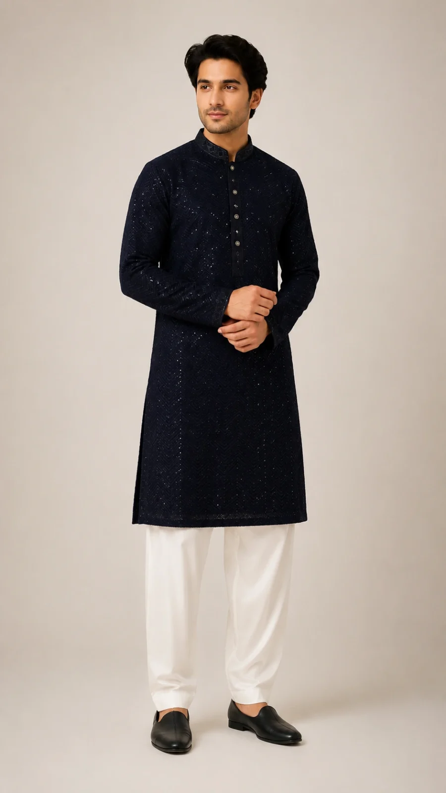 Midnight Navy Sequin Textured Kurta Pajama Set
