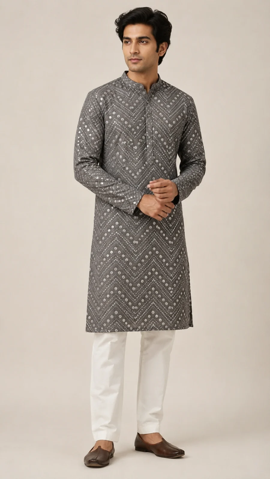 Grey Mirror Work Embroidered Kurta Pajama Set