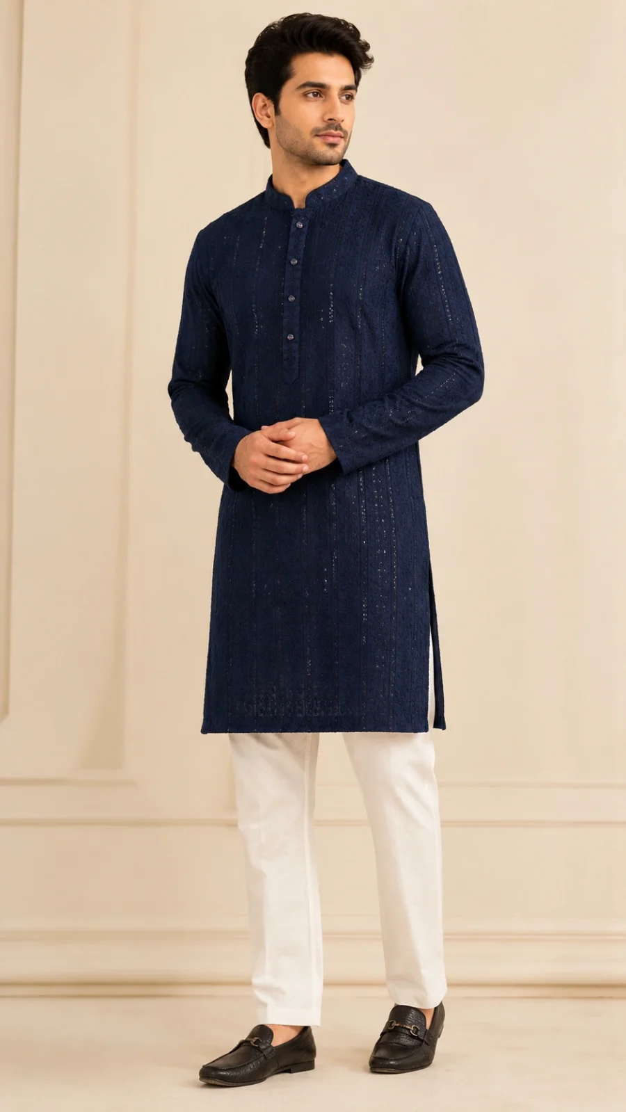 Men’s Navy Blue Embroidered Sequin Kurta Pajama Set