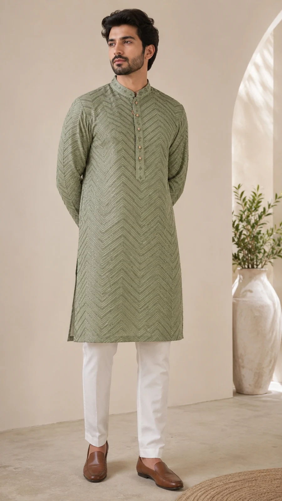 Sage Green Chevron Embellished Kurta Pajama Set