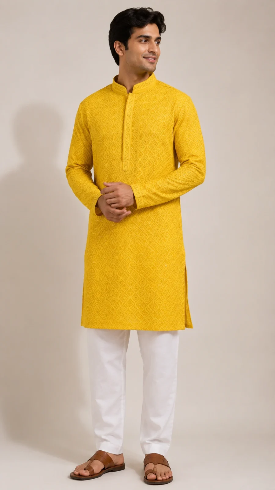 Mustard Yellow Embroidered Kurta with White Pajama Set