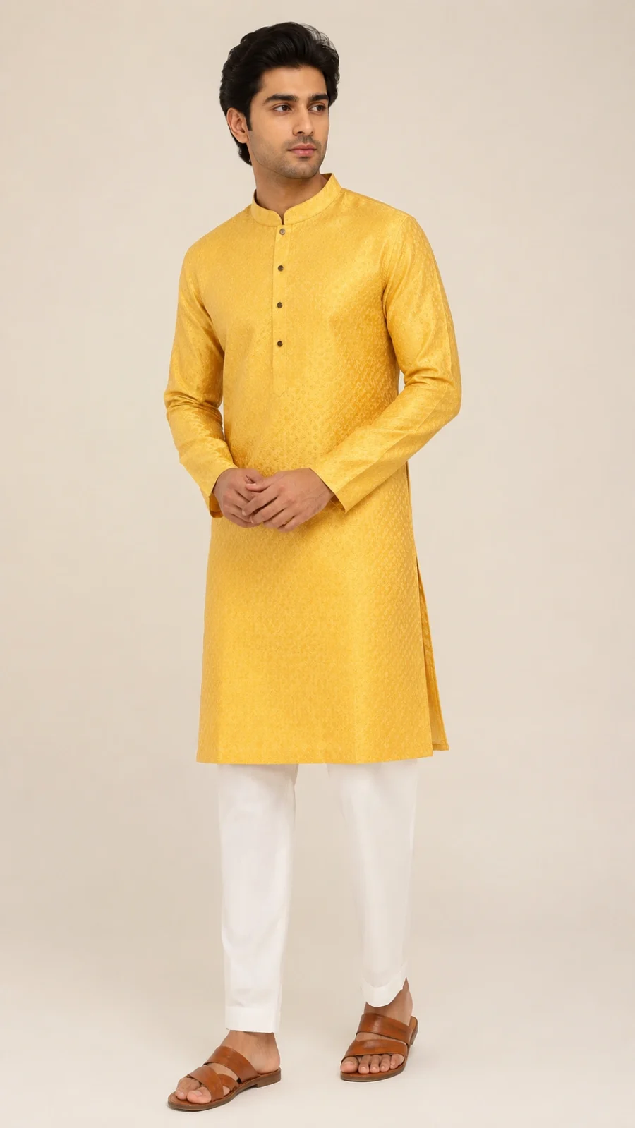 Mustard Yellow Textured Jacquard Kurta Pajama Set