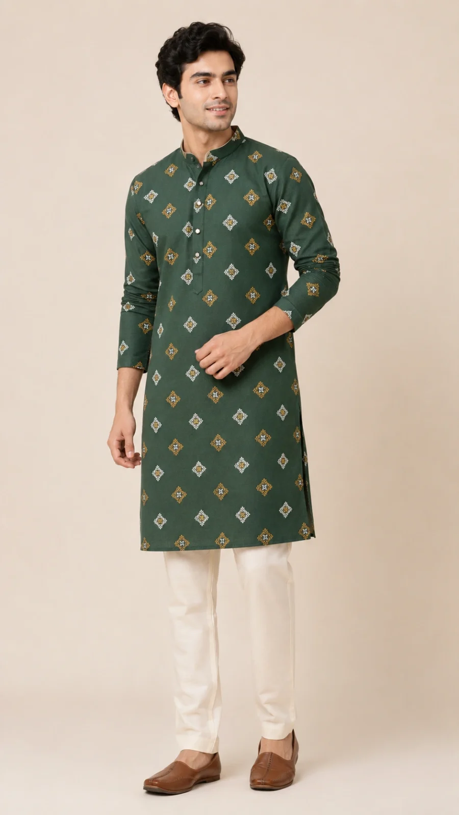 Men’s Bottle Green Printed Kurta Pajama Set
